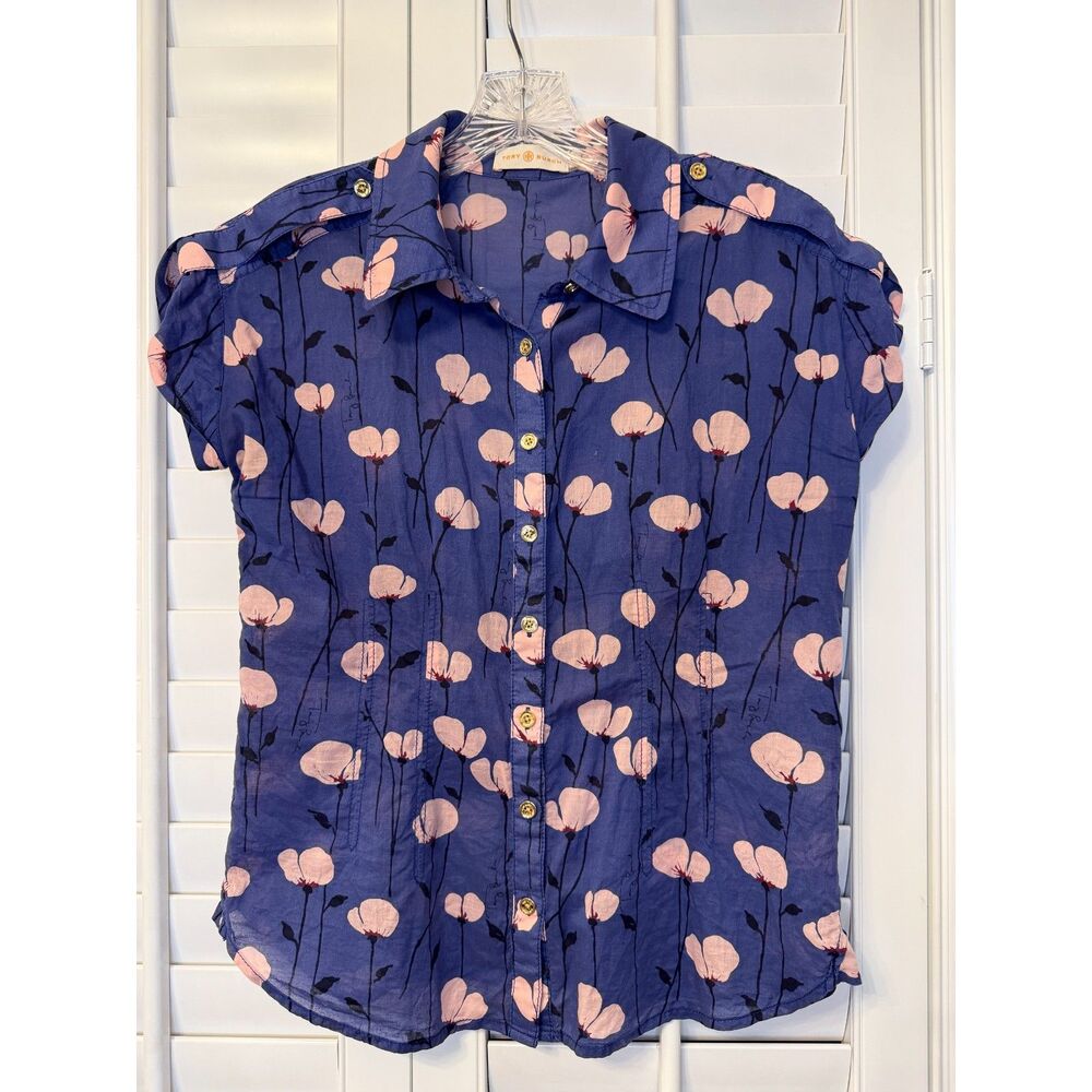 Tory Burch Periwinkle Blue Pink Floral Poppy Silk Button Down Blouse Size 6